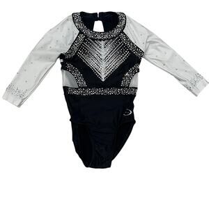 Ozone Gymnastics Leotard Competition Black & White Crystal 3/4 Sleeve ~ Small